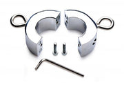 Chrome metal ball stretcher with two halves, attachment rings, screws, and Allen wrench.