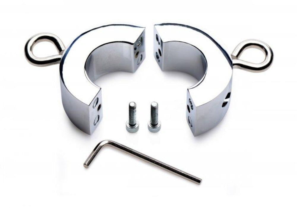 Chrome metal ball stretcher with two halves, attachment rings, screws, and Allen wrench.