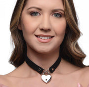 Black PU leather choker with a silver heart-shaped lock and keys.