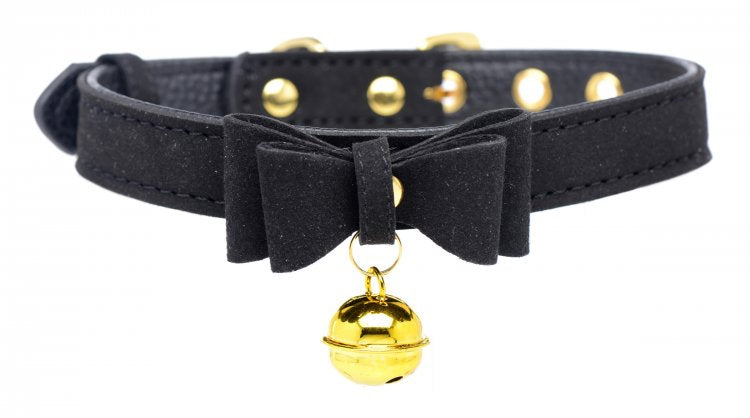 Black PU leather kitty collar with a bow, bell, and gold accents.