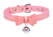 Pink PU leather cat collar with a bow and silver bell.
