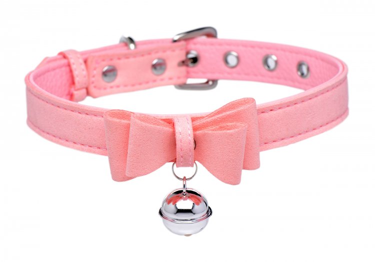 Pink PU leather cat collar with a bow and silver bell.