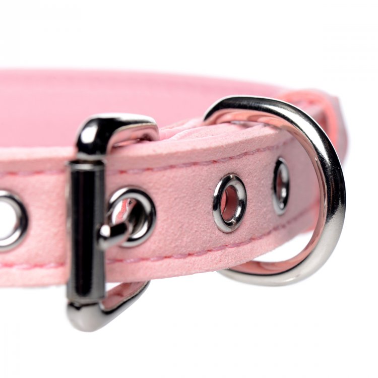 Pink PU leather cat collar with silver hardware and eyelets.