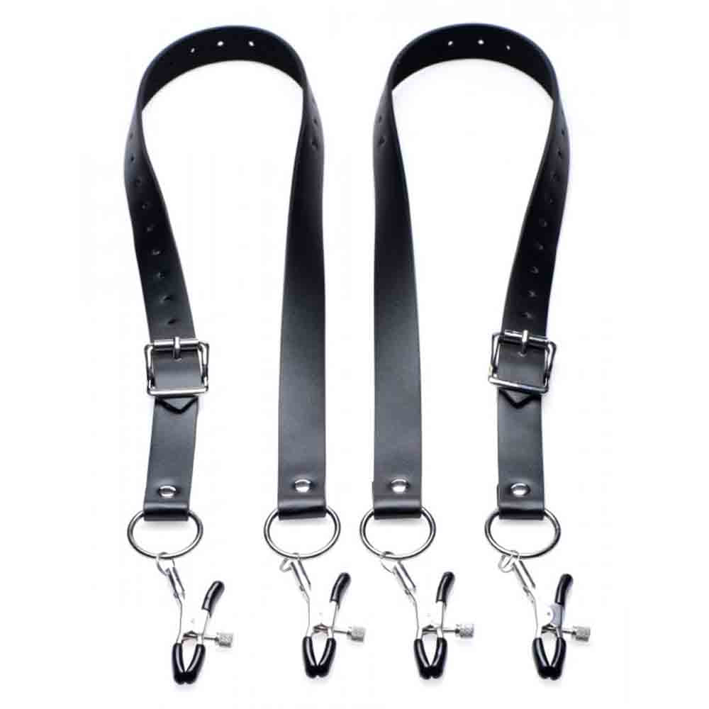 Black adjustable straps with metal clamps and buckles.