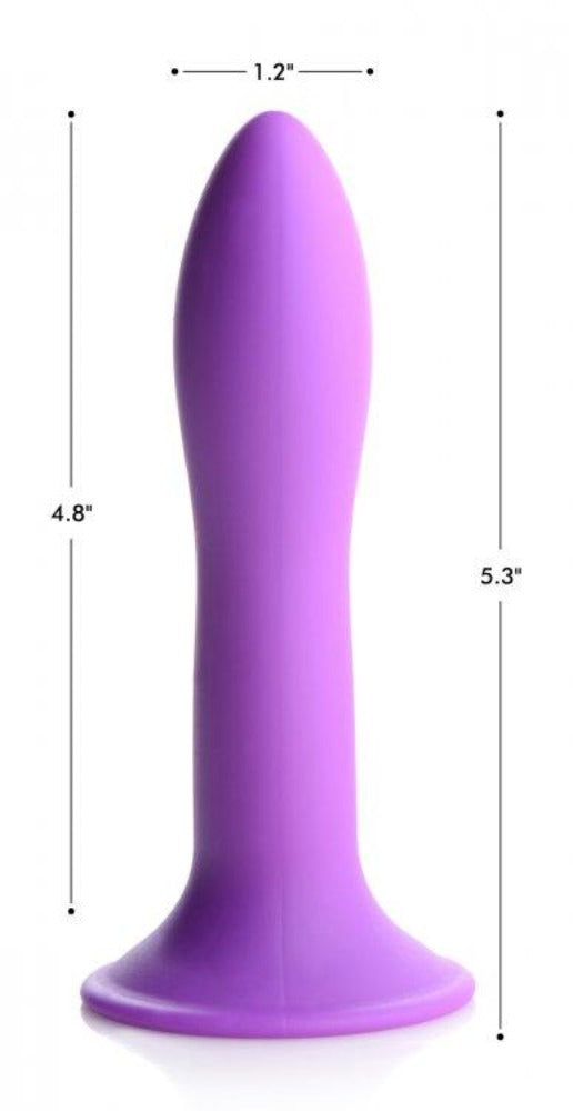 Purple silicone dildo with suction cup, 5.3 inches long.