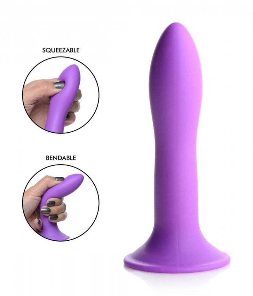 Purple squeezable and bendable silicone dildo with a suction cup base.