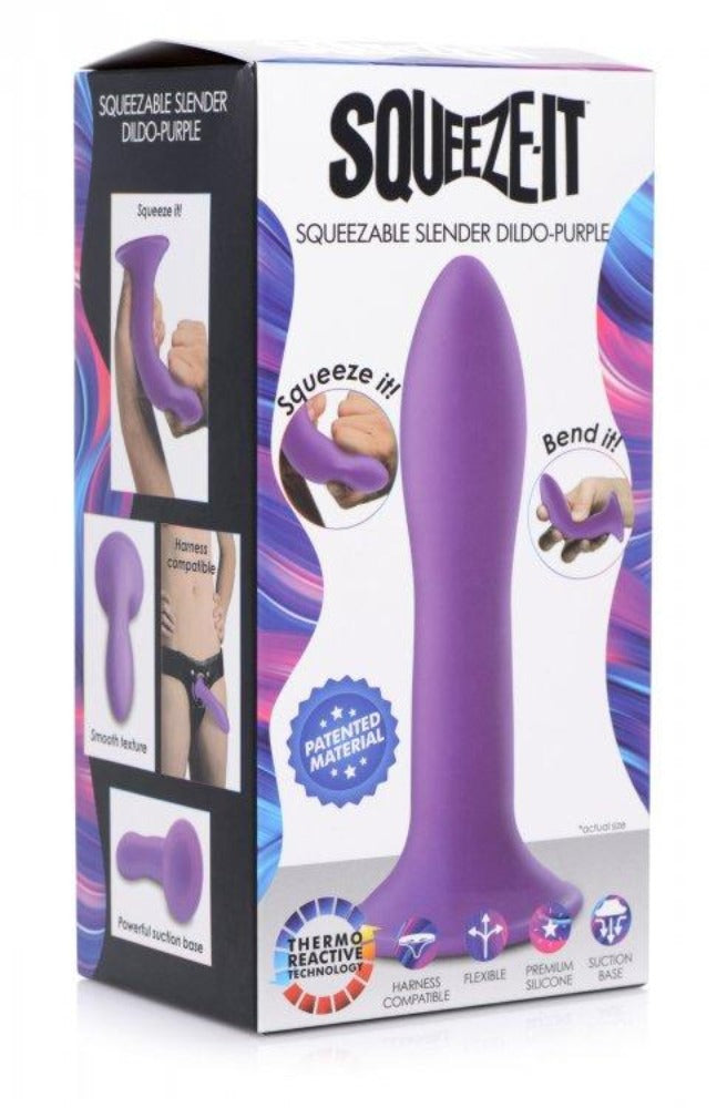 Purple squeezable silicone slender dildo with suction cup on boxed packaging.