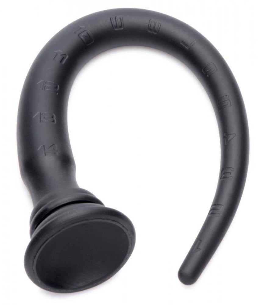 Black silicone anal hose with inch markers and a suction cup base.
