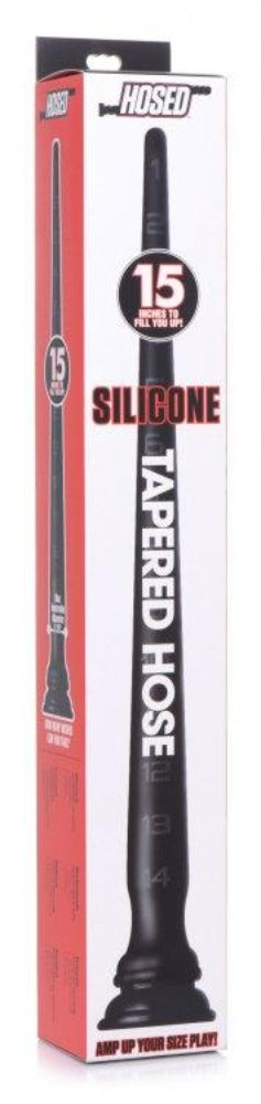 15-inch tapered black silicone anal hose with inch markers and suction cup.