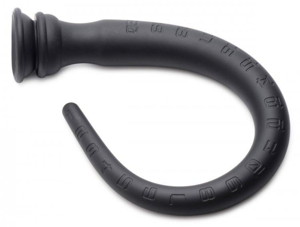 Black silicone anal hose with suction cup and inch markers.