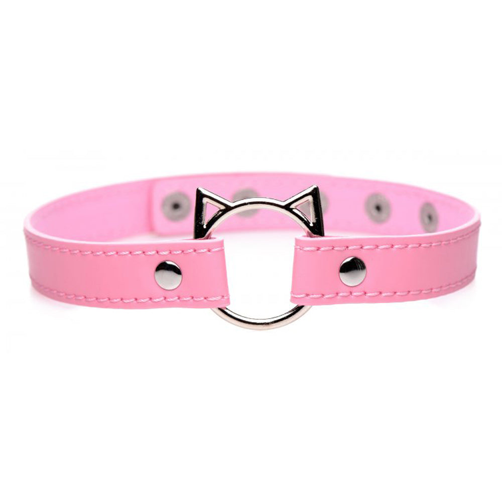 Pink PU leather choker with a silver cat ear ring and O-ring.