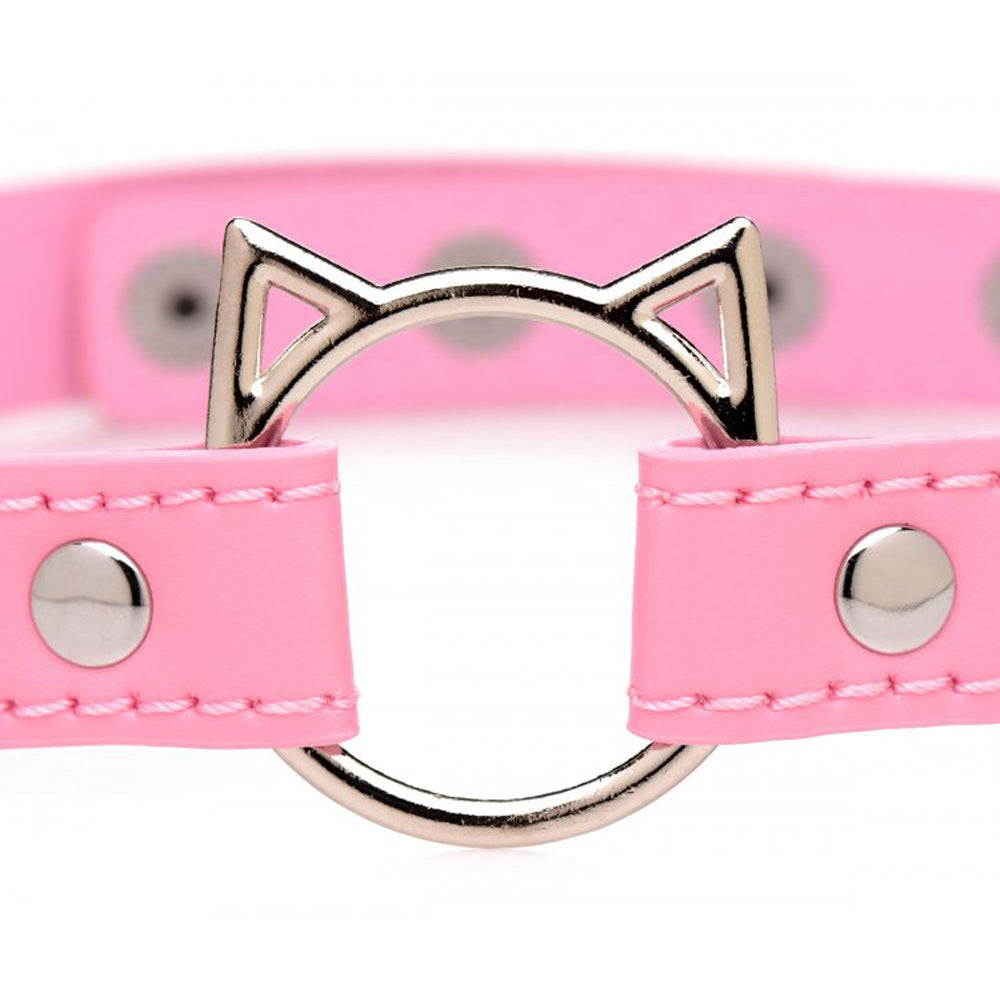 Pink PU leather choker with a silver cat ear ring and silver studs.