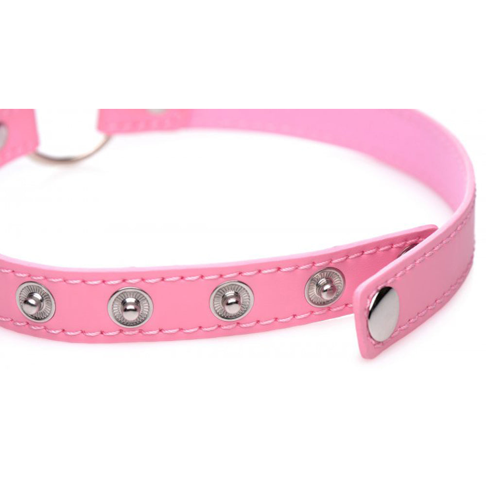 Pink PU leather choker with silver snaps and a ring detail.