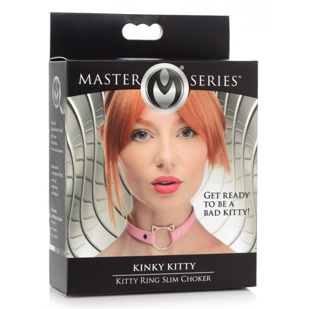 A pink faux leather choker with a silver cat-ear ring is displayed in its packaging.