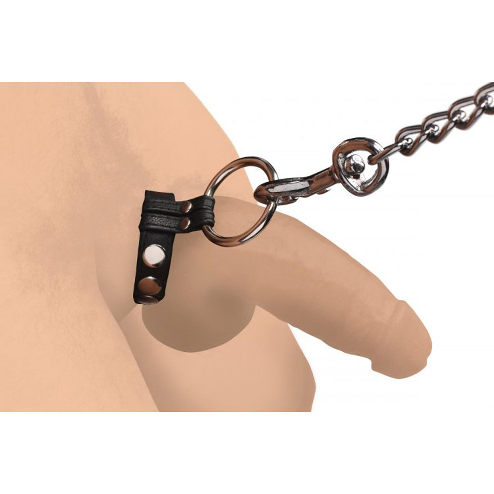 Black leather cock and ball ring with metal O-ring and chain attachment.