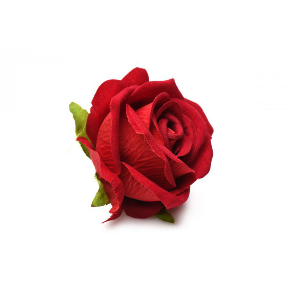 Red silicone rose toy with faux roses in a gift box.