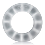Lightweight, translucent silicone cock ring with ventilation holes and embossed letters.