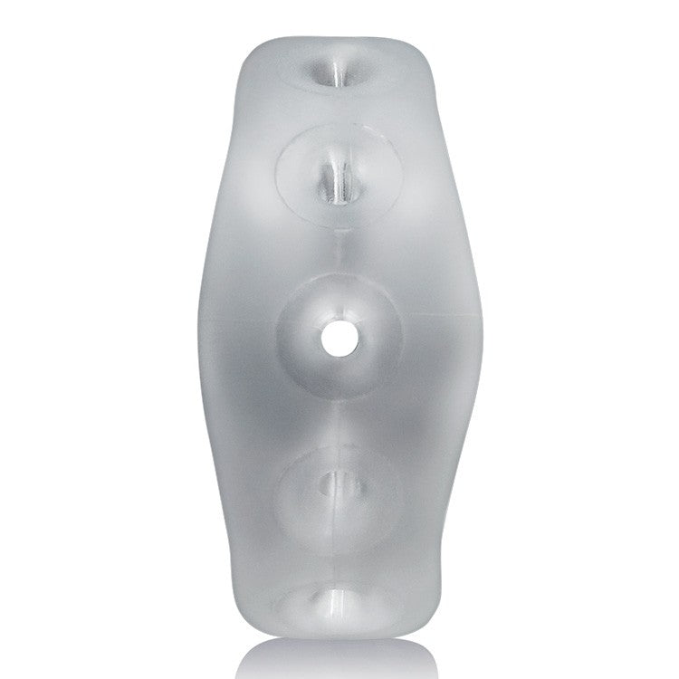 Frosted silicone cock ring with three circular openings.