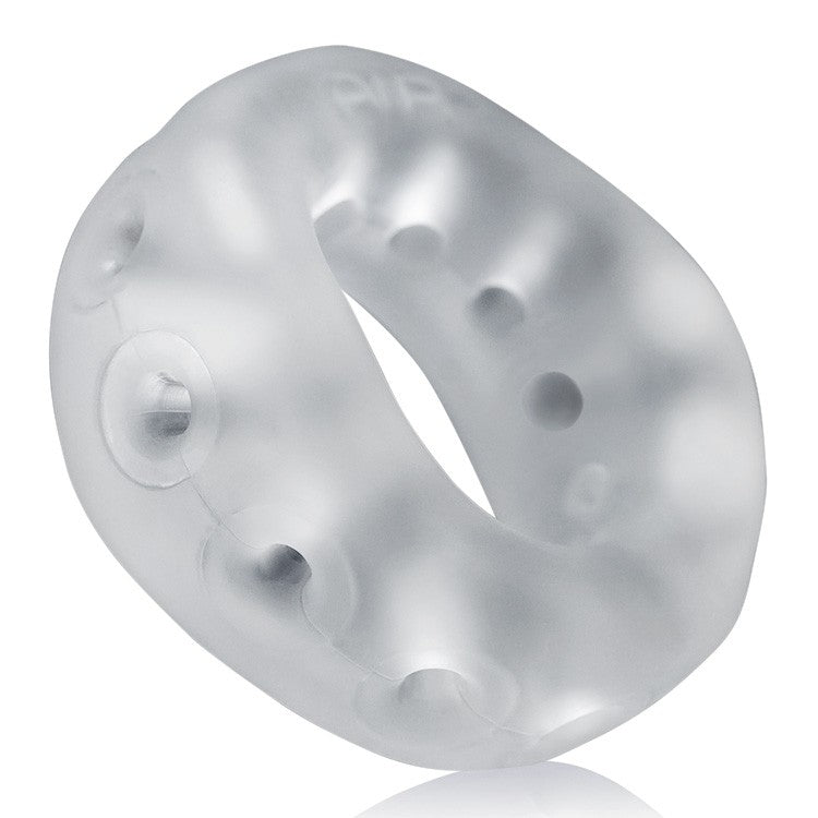 Frosted clear silicone airflow cock ring with textured surface and ventilation holes.