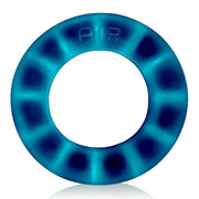 A blue silicone cock ring with ventilation holes and embossed text.