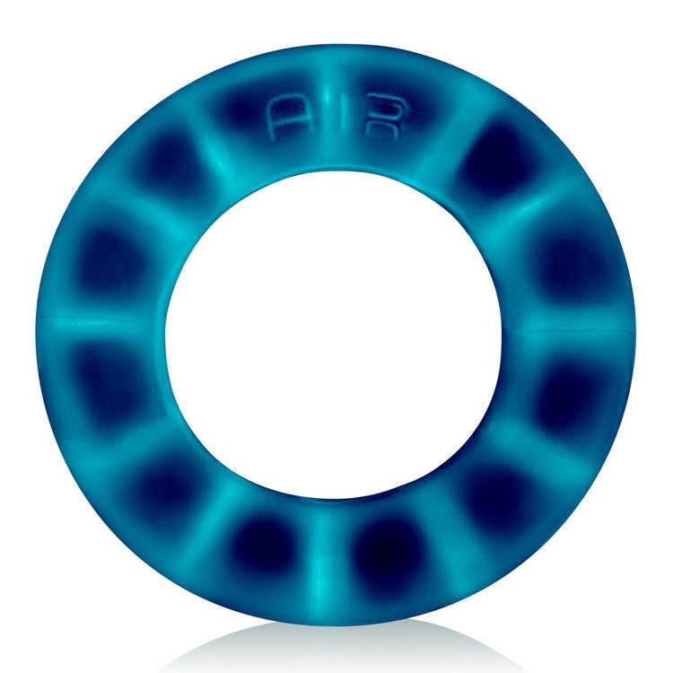 A blue silicone cock ring with ventilation holes and embossed text.