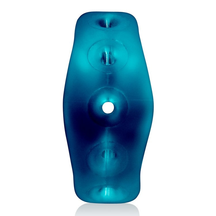 Blue silicone cock ring with multiple ventilation holes.