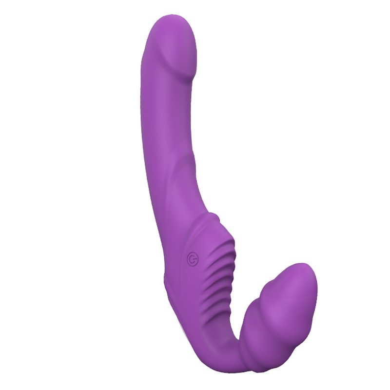 Purple strapless vibrating silicone G-spot dildo with curved probe and textured pad.
