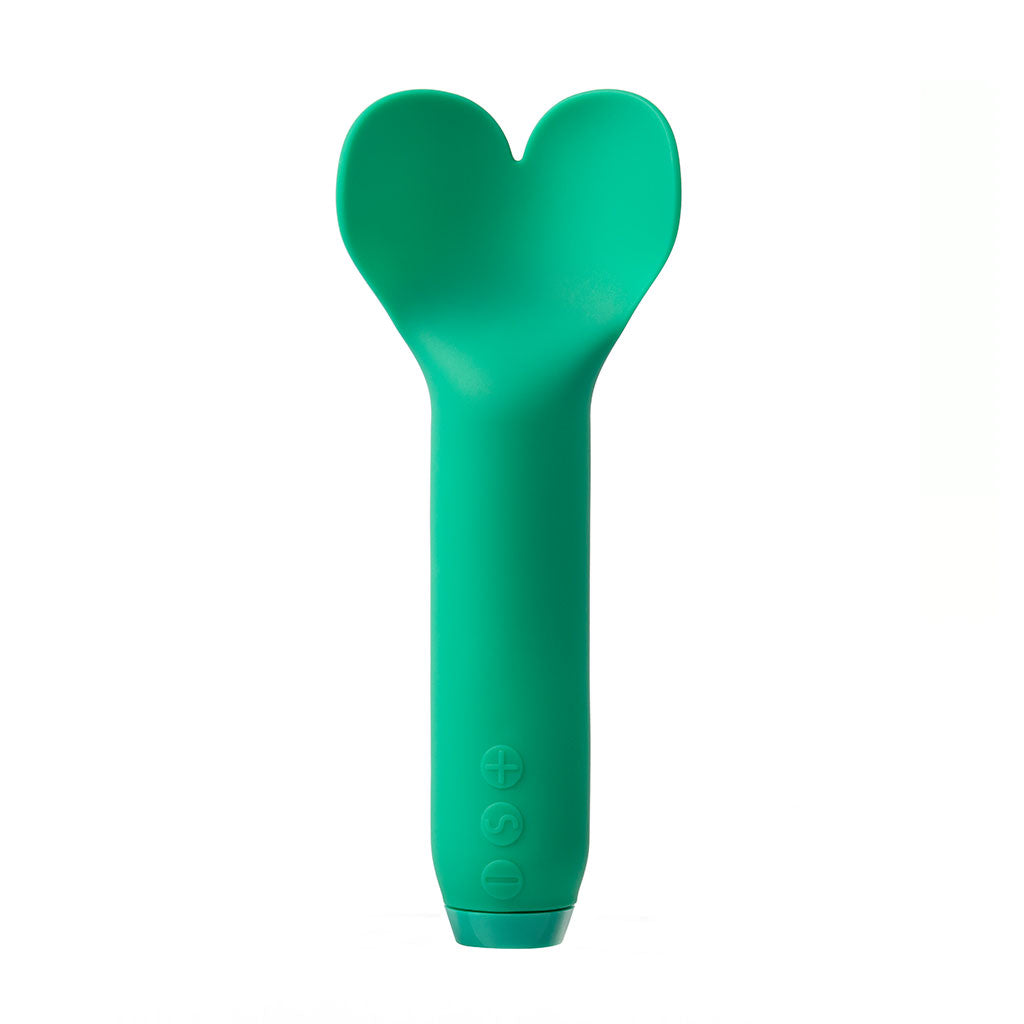 Emerald green heart-shaped bullet vibrator with control buttons.
