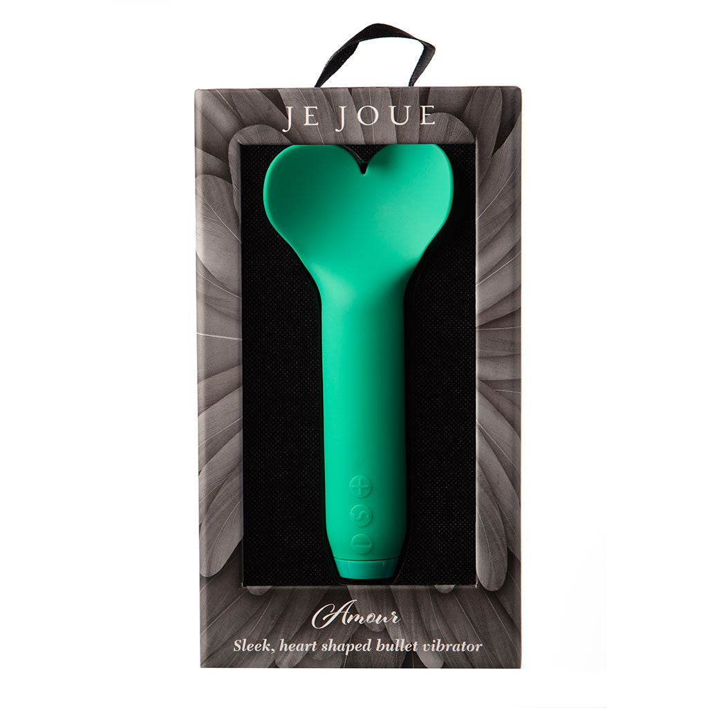 Emerald green Je Joue Amour heart-shaped bullet vibrator in packaging.