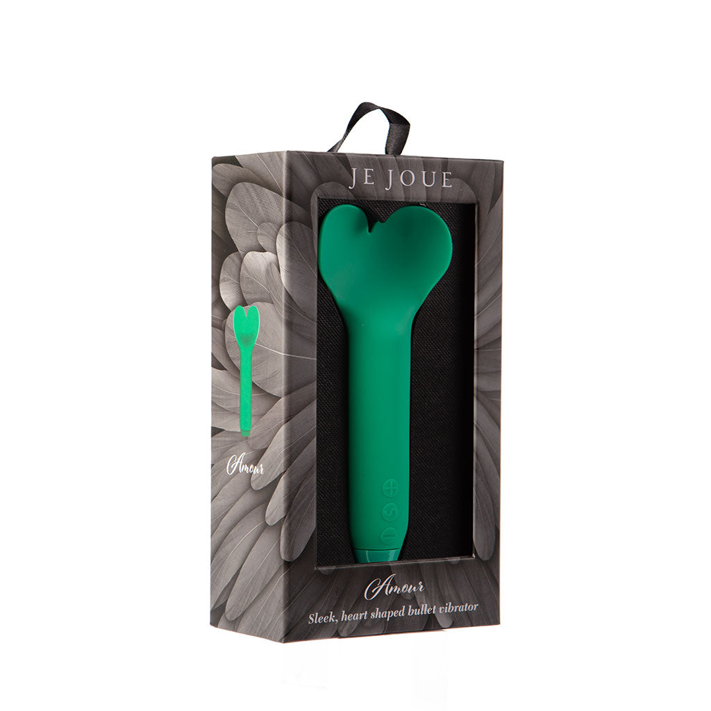 Emerald green Je Joue Amour heart-shaped bullet vibrator in packaging.