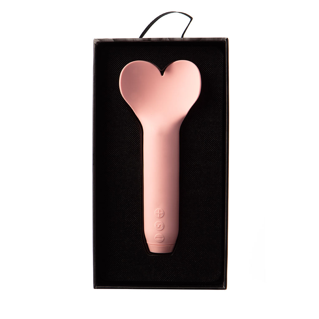 Pink heart-shaped vibrator in a black box.