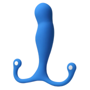 Blue silicone prostate massager with a trident design and two rounded ends.