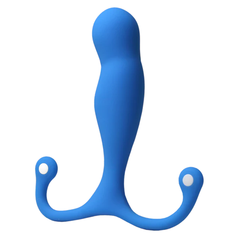 Blue silicone prostate massager with a trident design and two rounded ends.