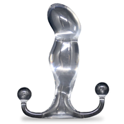 Clear Aneros Progasm hands-free prostate massager with a curved shaft and two spherical ends.