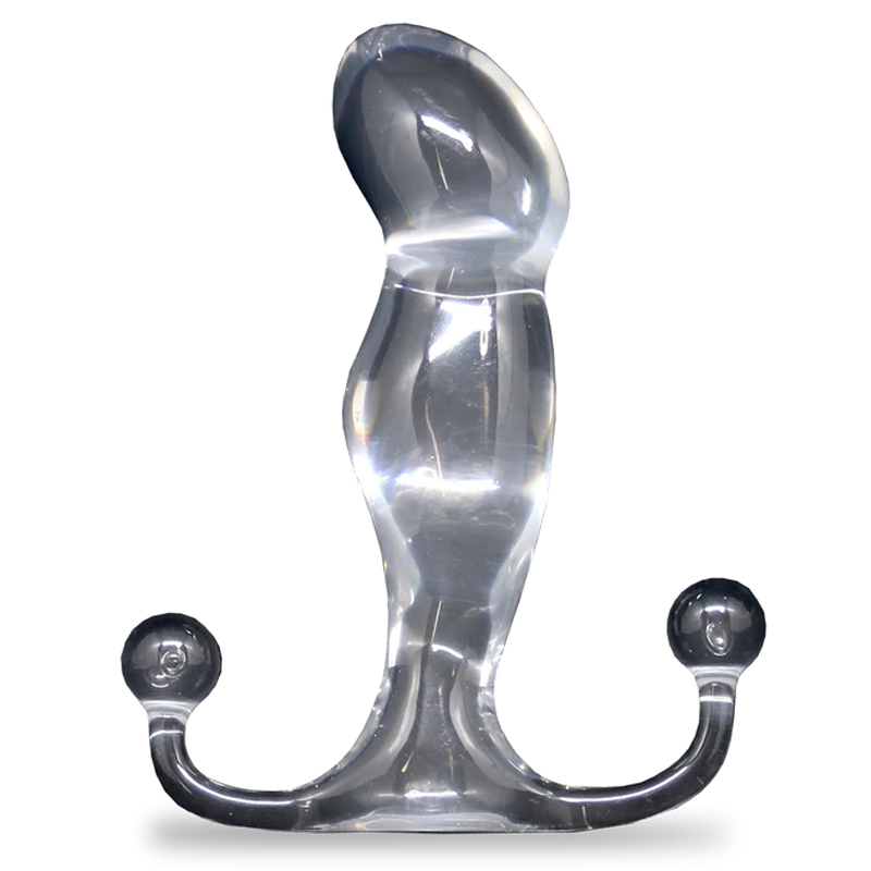 Clear Aneros Progasm hands-free prostate massager with a curved shaft and two spherical ends.
