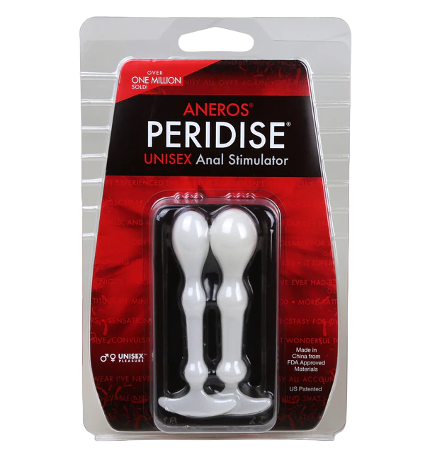 Aneros Peridise Unisex Anal Stimulator in packaging with two white anal stimulators.