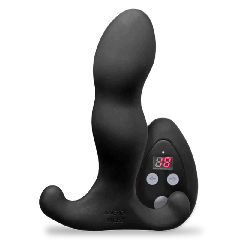 Black Aneros Vice 2 prostate massager with remote control and digital display.