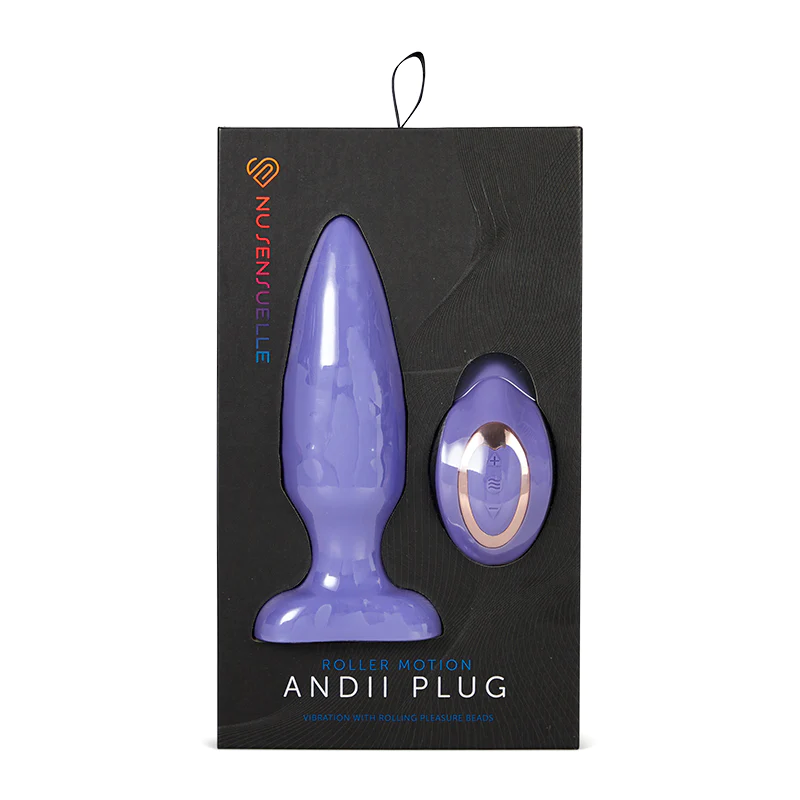 Purple anal plug and remote control in packaging.