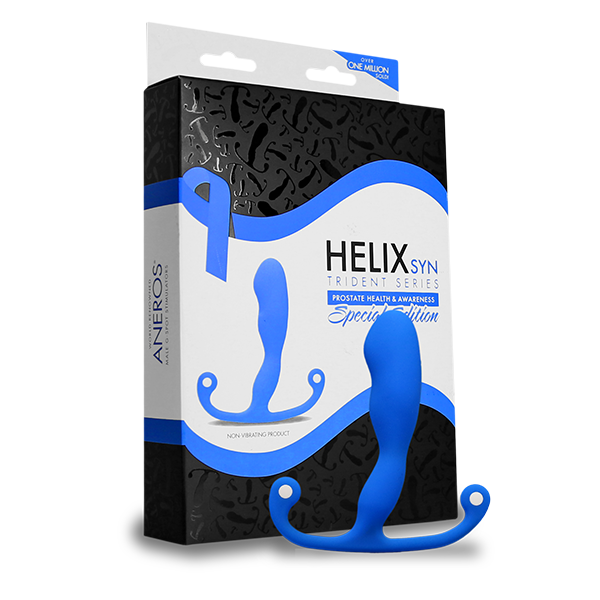 Blue Aneros Helix Syn Trident prostate massager in its packaging.