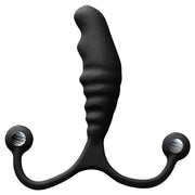 Black silicone prostate massager with ribbed handle and two circular ends.