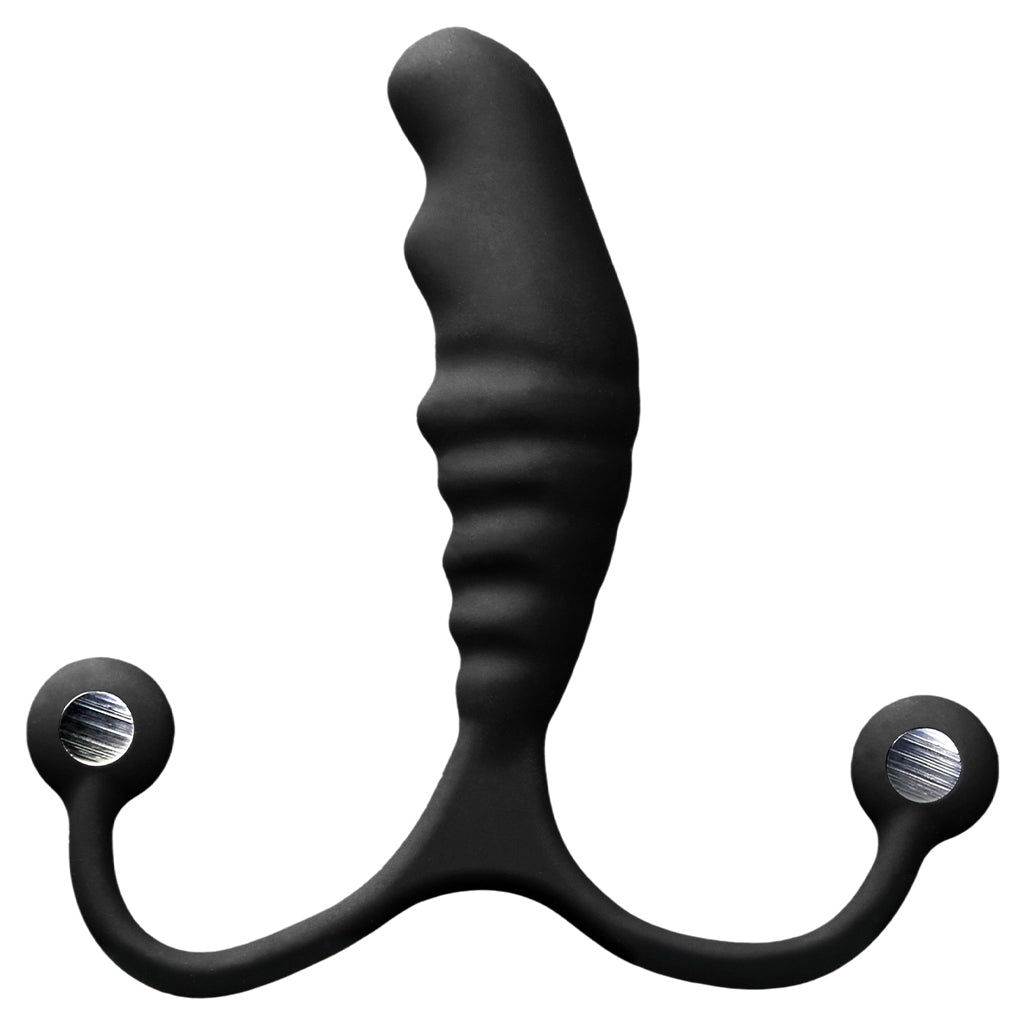Black silicone prostate massager with ribbed handle and two circular ends.