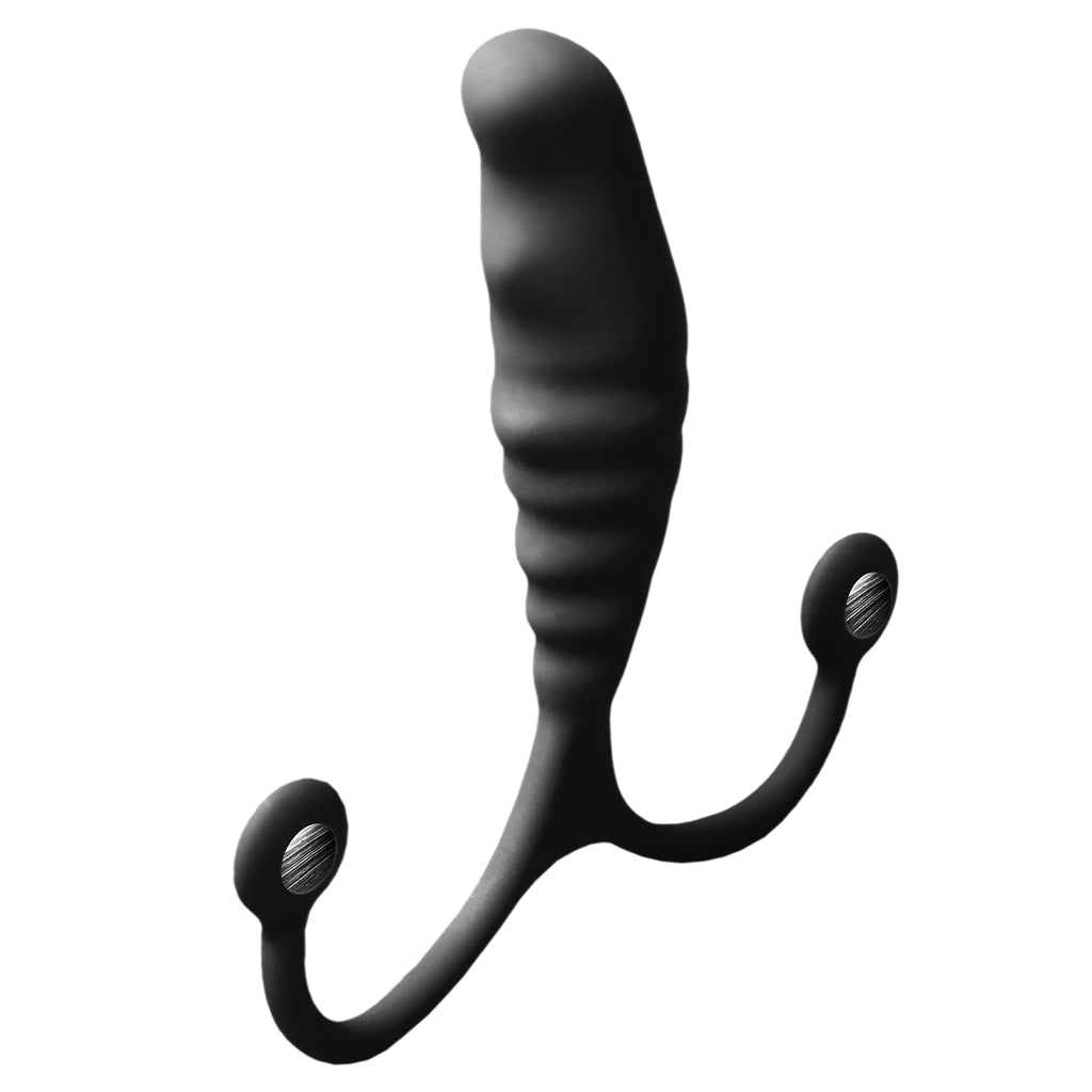 Black silicone prostate massager with ribbed body and two curved arms.