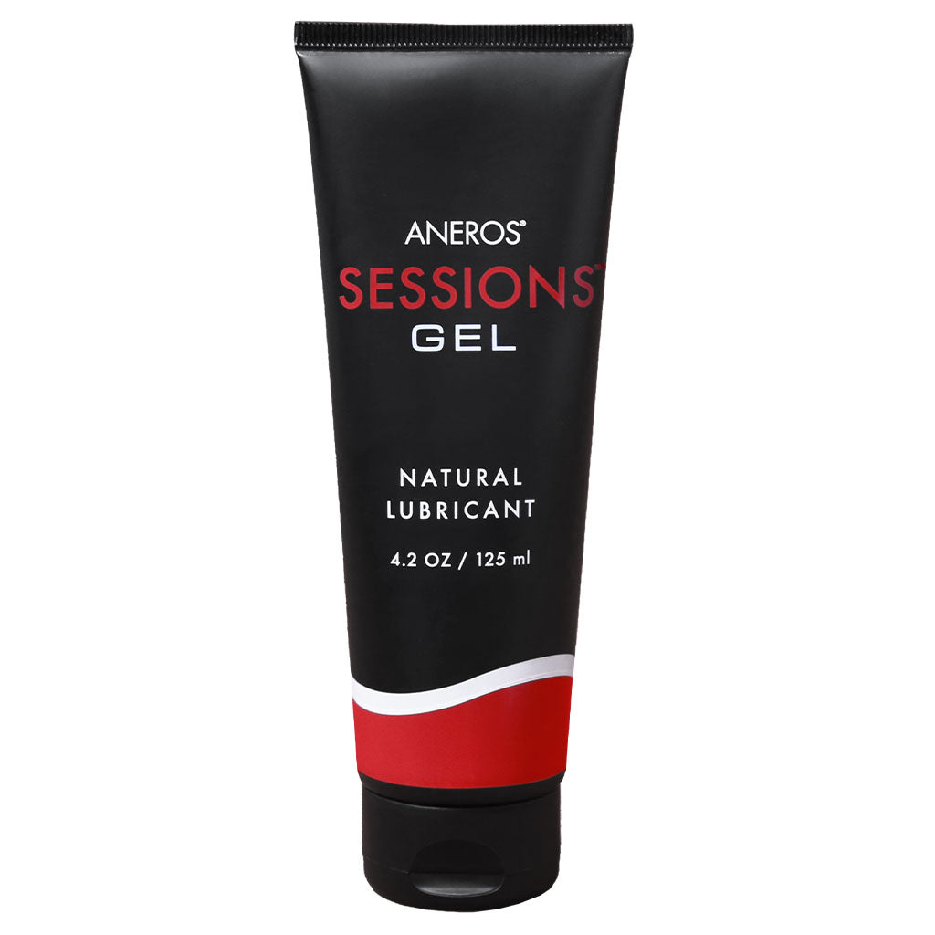 Aneros Sessions Gel natural lubricant in a black 4.2oz bottle.