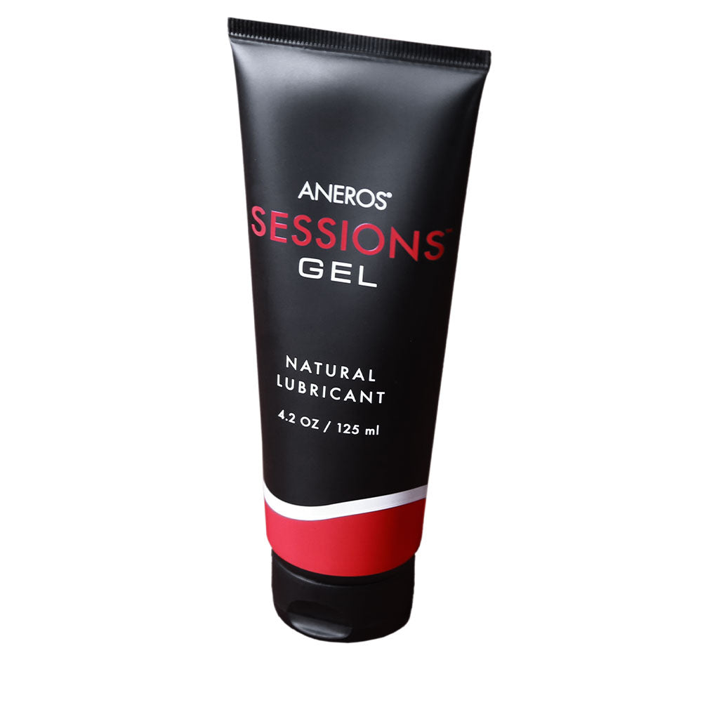 Aneros Sessions Gel natural lubricant in a black tube with red accents.