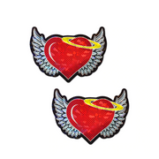 Two red glitter angel heart nipple pasties with wings and halos.