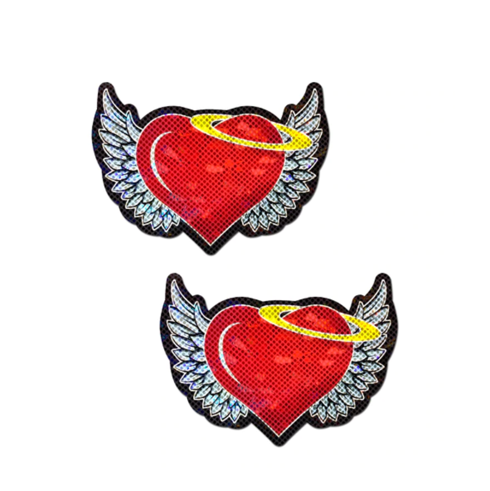 Two red glitter angel heart nipple pasties with wings and halos.