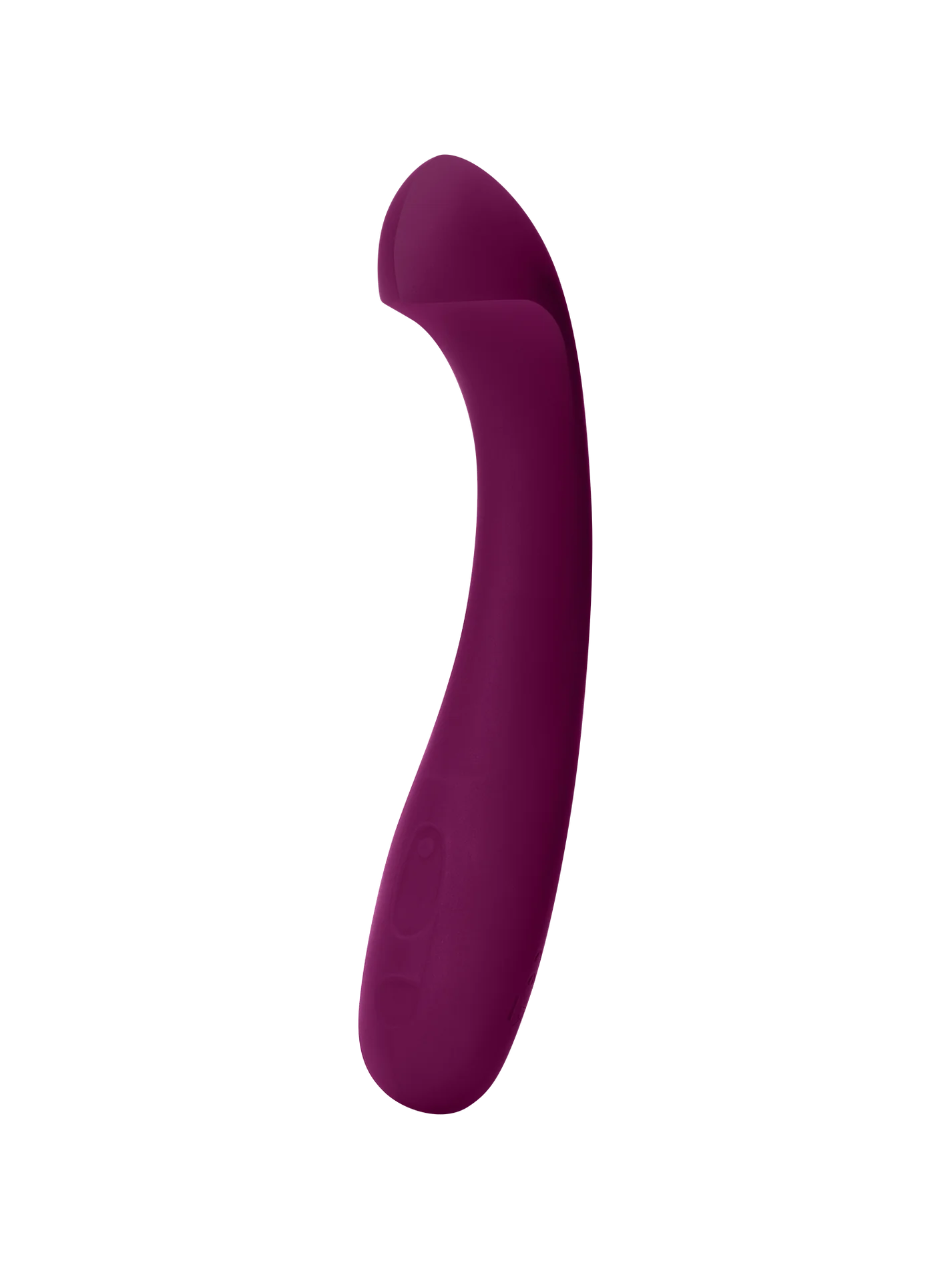 Plum colored G-spot vibrator with a curved handle and dual stimulation.