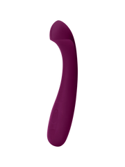 Plum colored G-spot vibrator with a curved handle and dual stimulation.