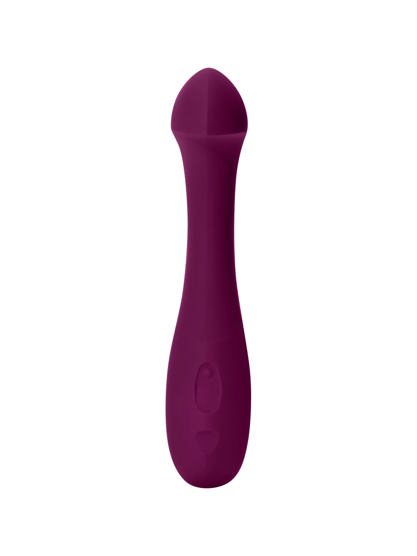 Plum colored G-spot vibrator with a bulbous tip and two buttons on the handle.