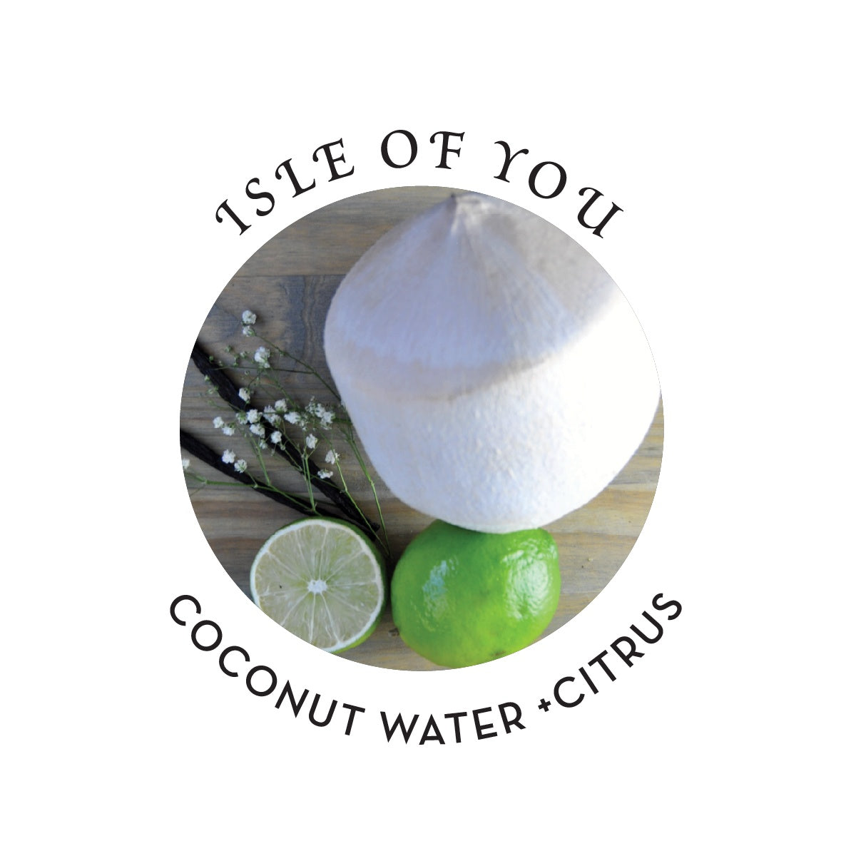 Coconut, lime, and vanilla sprigs in a circular logo with text.